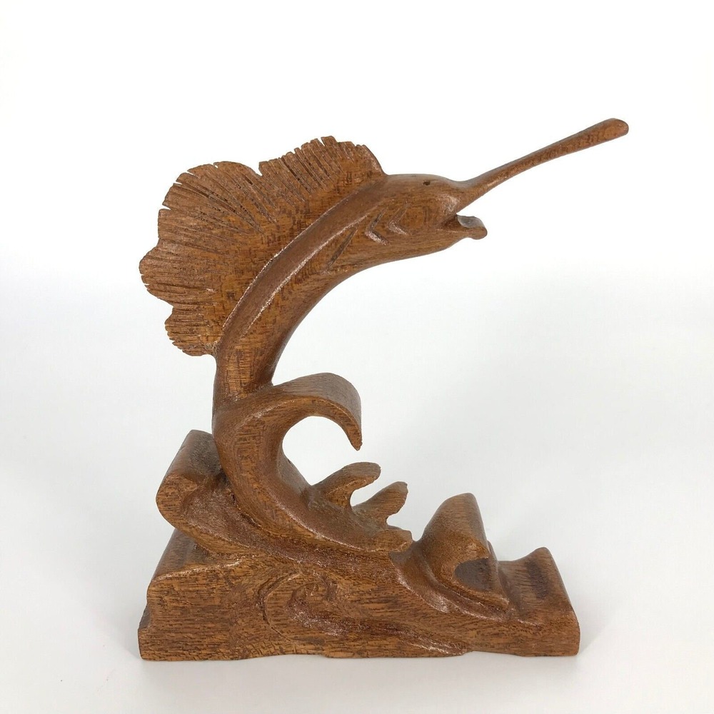 Vintage Carved‎ Wooden Sailfish Marlin Sculpture Folk Art Ocean Decor OOAK 5.5"